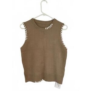 FUMELEX Women's Knit Sleeveless Sweater Vest, Size S, Beige with White Trim